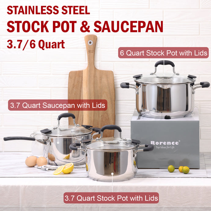 Rorence stainless steel cookware set: 3.7QT & 6QT stock pot & 3.7QT saucepan