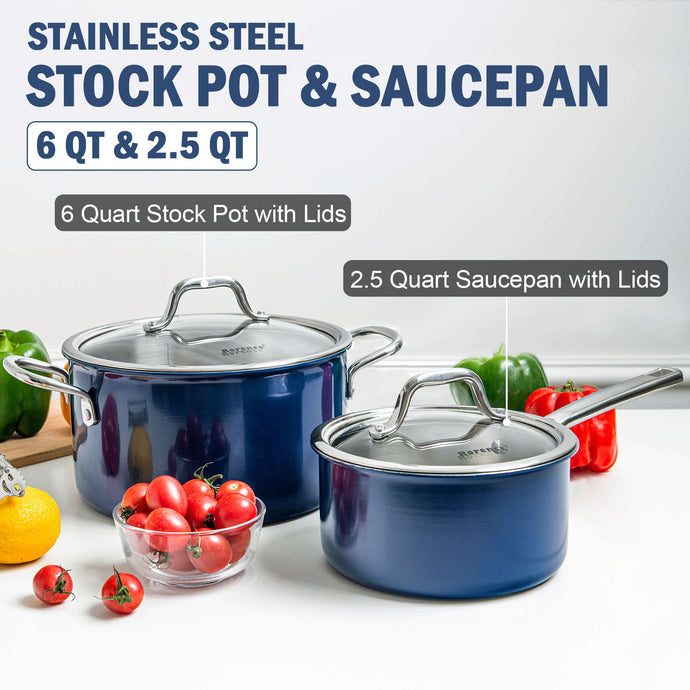 Rorence stainless steel cookware set: 6QT stock pot & 2.5QT saucepan - blue